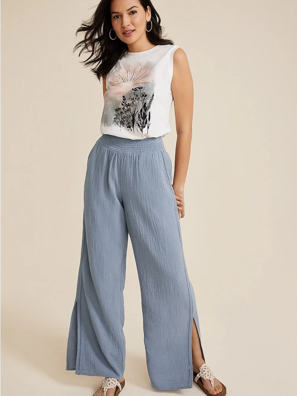 Maurices Dusty Blue Wide-Leg Split-Hem Smocked Pants - Picture 1 of 3